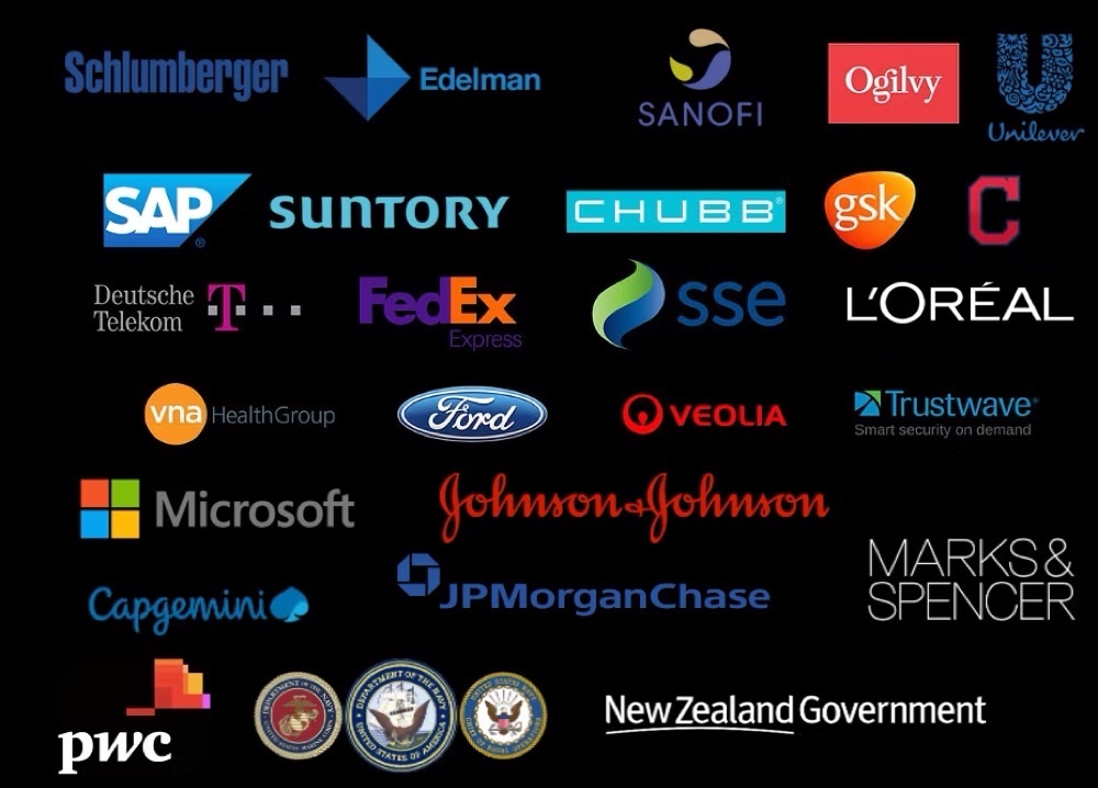 Organizations Ben Whitter has worked with, including Schlumberger, Edelman, Sanofi, Ogilvy, Unilever, SAP, Suntory, Chubb, GSK, Deutsche Telekom, FedEx, SSE, Ford, Veolia, Trustwave, Microsoft, Johnson and Johnson, Capgemini, JPMorgan Chase, Marks and Spencer, PwC, New Zealand Government and L’Oréal